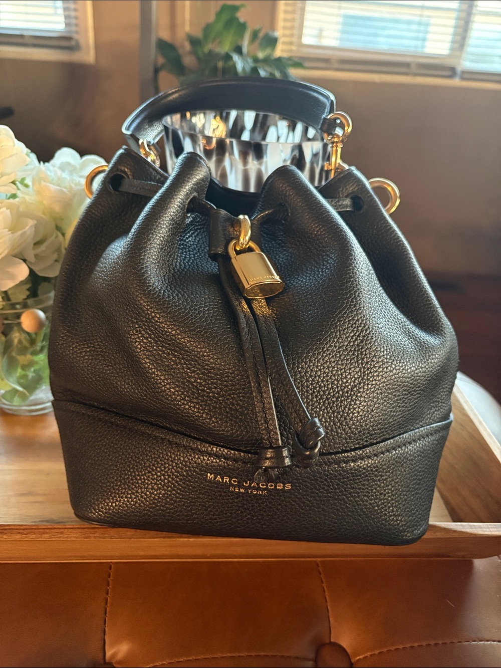 Marc Jacobs Black Pebbled Leather Drawstring Hobo with Gold Hardware